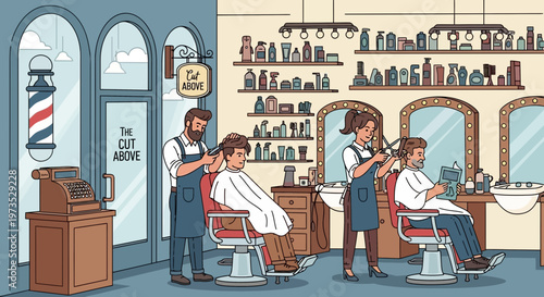 Barbershop scene with two barbers cutting hair.