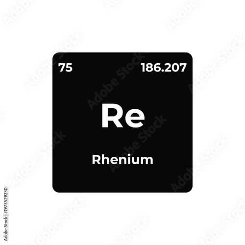 Rhenium periodic table element tile, chemical symbol Re with atomic number and mass, minimal black square design, science chemistry concept illustration