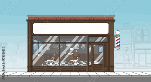Barbershop storefront with barber pole and chairs inside.