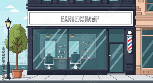 Barbershop storefront with chairs and mirrors visible.