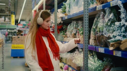A woman choosing a small Christmas tree from a shelf in a holiday store