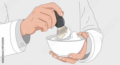 Closeup of hands preparing shaving cream in a bowl.