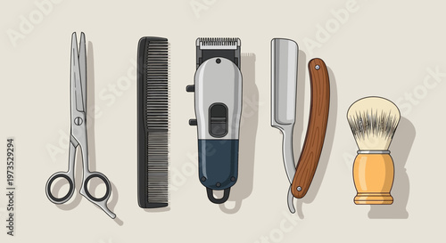 Collection of Barber Tools for Hair Styling and Grooming.