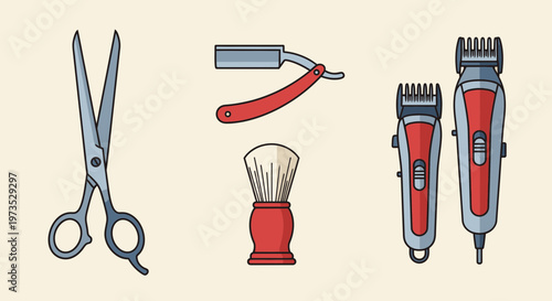 Collection of Barber Tools Including Scissors Clippers and Razor.