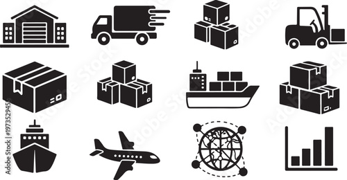Logistics and transportation icons for global supply chain management