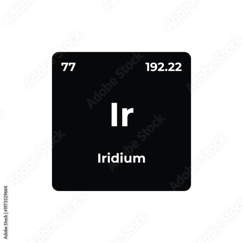 Iridium element tile featuring Ir symbol, atomic number and mass on a minimalist black square, modern periodic table design for chemistry, science, metal, element.