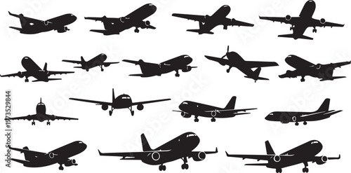 Collection of airplane silhouettes in various flight positions