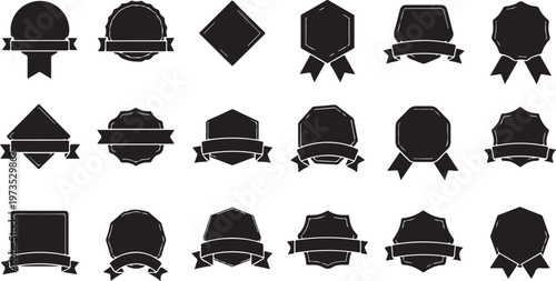 Collection of black label and badge icons on white