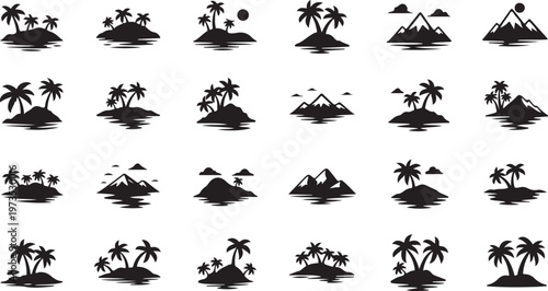 Black Silhouette Island and Mountain Landscape Icons Set