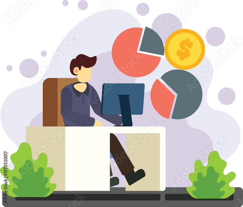 Man analyzing pie chart data on computer illustration