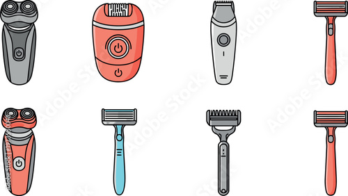 Electric Shavers Razors Trimmers Grooming Tools Flat Vector Icon Set