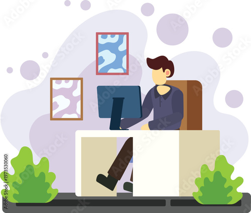 Man working at office desk with computer illustration