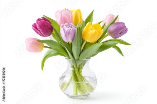 a bouquet of colorful tulips in a glass vase, on a white background