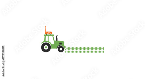 Green tractor with hay rake attachment.