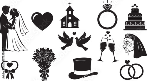 Wedding icons and symbols in black and white color