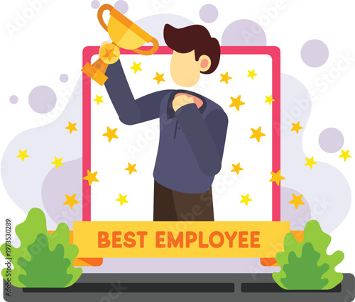 Best employee holding trophy in celebration scene illustration