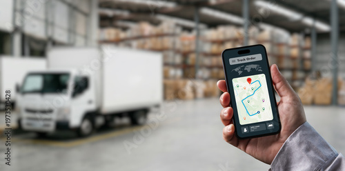 Logistics tracking dashboard on smartphone showing delivery route in warehouse, supporting logistics management, shipment tracking, fleet monitoring, route optimization, real time data for business op