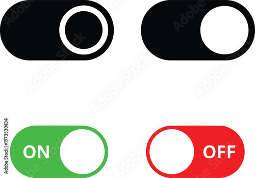 Set of toggle switch icons with on and off positions in black, green, and red colors for ui design. Vector