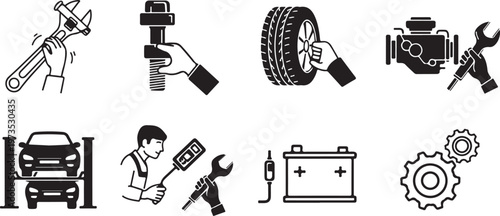 Black and white car repair tools and icons set