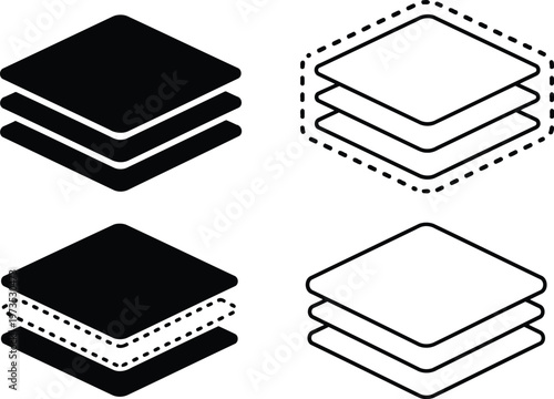 Collection of four isometric layer icons with different styles including solid and dashed lines Vector
