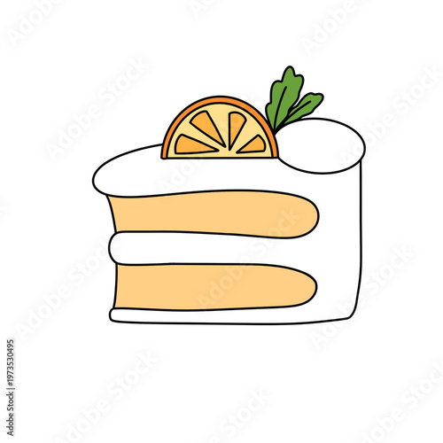 Simple cake slice, orange garnish, green herb sprig