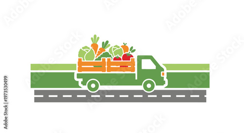 Green truck carrying fresh vegetable produce.