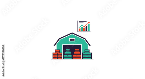 Green warehouse with colorful boxes stacked.