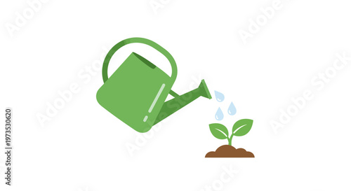 Green watering can and small plant.