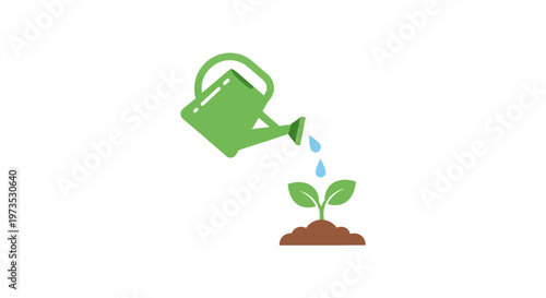 Green watering can pouring on seedling.