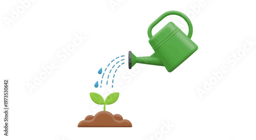 Green watering can pours on seedling.