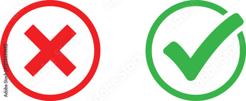 Red cross mark and green check mark icons in circles representing right and wrong options. Vector