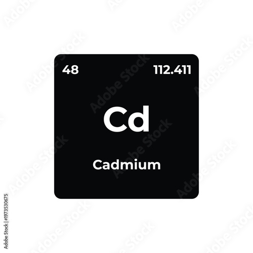 Cadmium chemical element (Cd), atomic number 48, shown as a periodic table tile with atomic weight, minimal black square design, science, chemistry, periodic table, cadmium, element.
