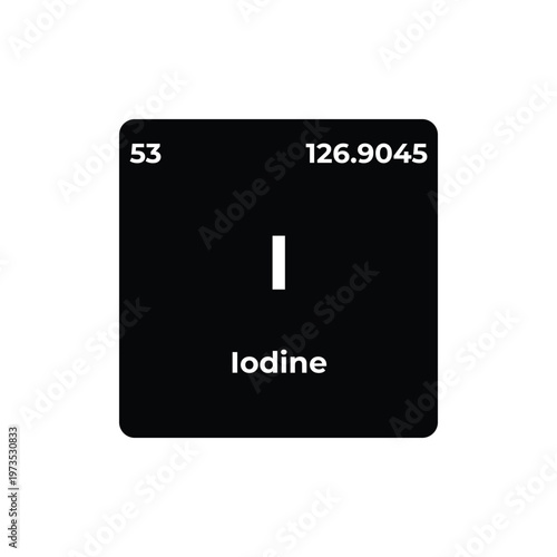 Iodine element tile from periodic table, chemical symbol I with atomic number 53 and atomic mass 126.9045 on dark background, science, chemistry, element, periodic table