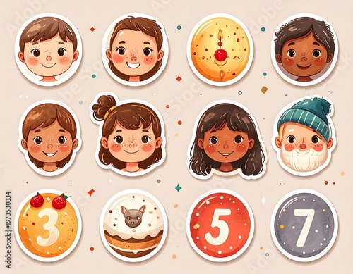 A whimsical assortment of cheerful cartoon faces and numbered circles, presented in a playful, sticker-like design. The characters feature diverse skin tones and styles