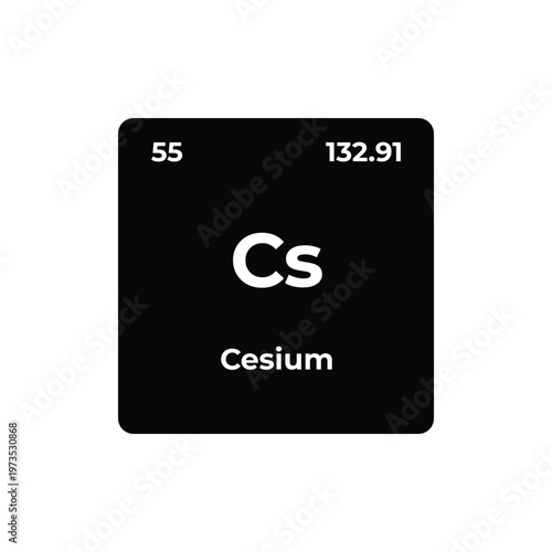 Cesium element tile with symbol Cs, atomic number 55, and atomic weight 132.91 on a black periodic table design, alkali metal chemistry concept.