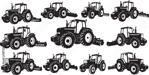 Tractors in various positions and attachments illustration set