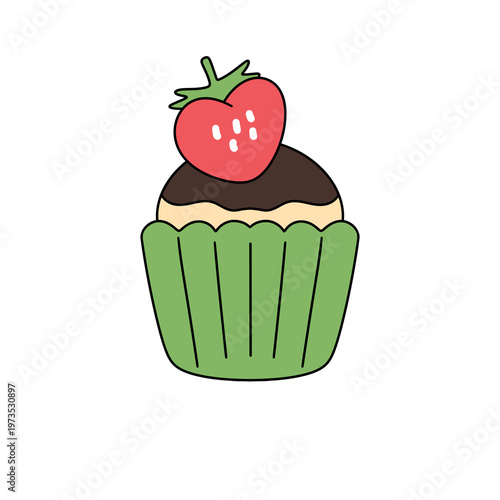 Sweet cupcake with chocolate glaze and fresh strawberry topping