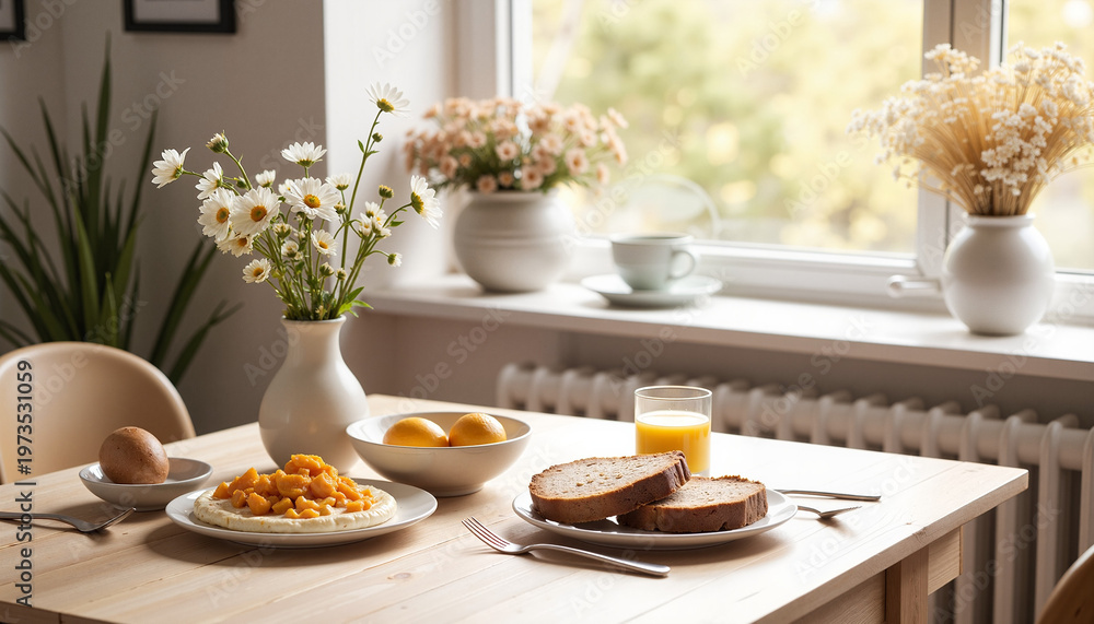 Fototapeta premium breakfast table setting with fresh fruit, eggs, bread, and flowers in a cozy dining area illuminated by natural light, concept morning routine