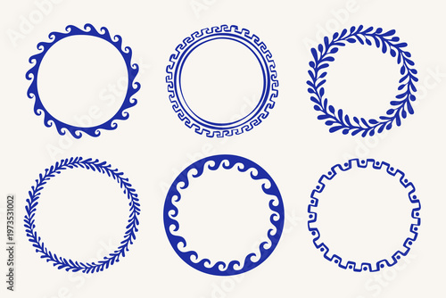 Greek style decorative frame collection with ornamental circular borders. Hand drawn Mediterranean style vector illustration.