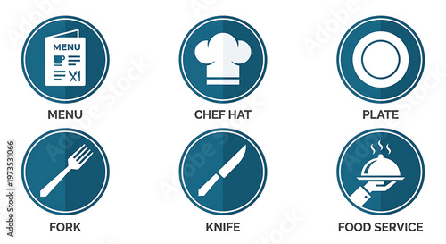 Modern flat vector icon collection for restaurants, food preparation, and culinary experiences, illustrating key dining elements, professional kitchen tools, and service
