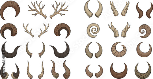 Fantasy vector sheet of diverse horn styles including spiral ram horns and branching antlers