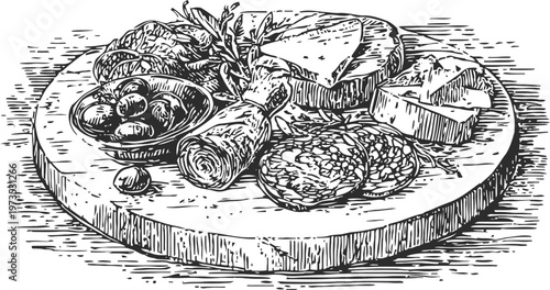 Charcuterie board with assorted meats, cheeses, olives, and herbs on round wooden platter