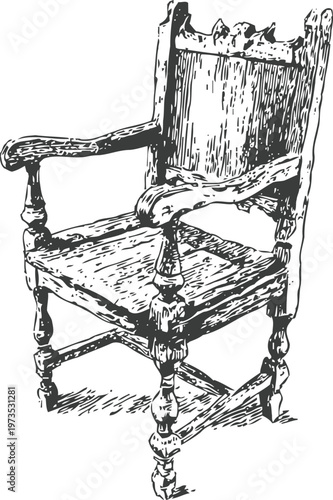 Antique wooden armchair with carved backrest and turned legs, vintage rustic furniture design