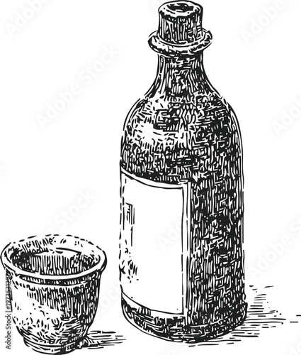 Hand drawn vintage bottle and cup illustration old fashioned container with drink, detailed black ink sketch