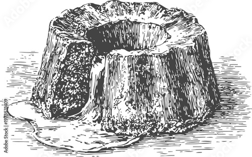 Vintage illustration of molten lava cake with a slice cut out, dripping warm chocolate sauce