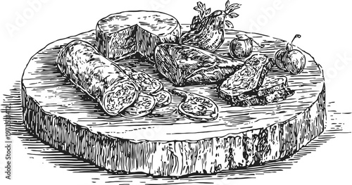 Assorted charcuterie on wooden board, sliced salami, cheese wheel, rustic meat platter illustration