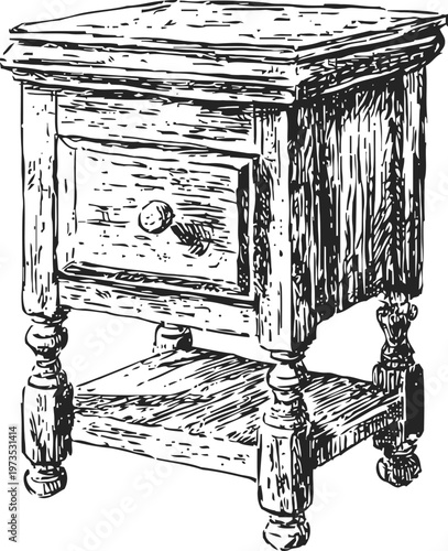 Vintage wooden nightstand with drawer and lower shelf, classic antique furniture design
