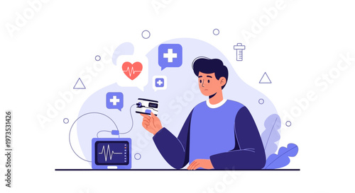Man with medical device and heart monitor, healthcare technology concept