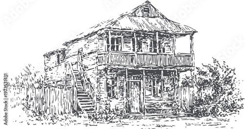 Vintage rustic wooden house illustration with balcony, exterior stairs, surrounding fence and bushes