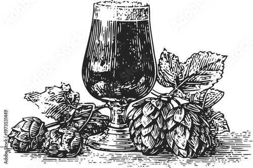 Dark craft beer in a glass with fresh hop cones and leaves hand drawn vintage brewery illustration of alcoholic beverage ingredients